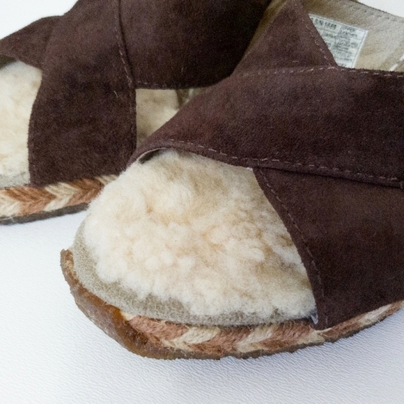 UGG Margot Brown Leather Shearling Wedge Espadrille Slip On Sandals - Picture 4 of 13